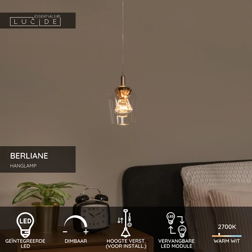 Lucide BERLIANE - Hanglamp - Ø 12 cm - LED Dimb. - 1x4W 2700K - Met vervangbare LED-module - Transparant | Essential - USP